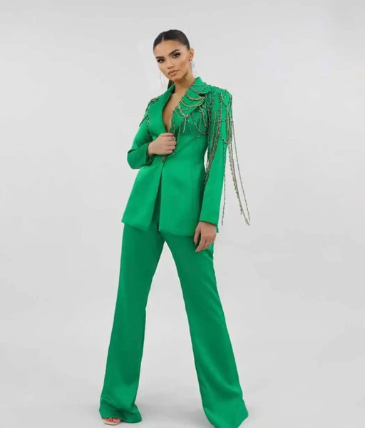 Customized Simple Women Suits Diamond Applique Long Sleeve Notched Lapel Classic 2 Pieces Jacket Short Pants Slim Fit Dresses