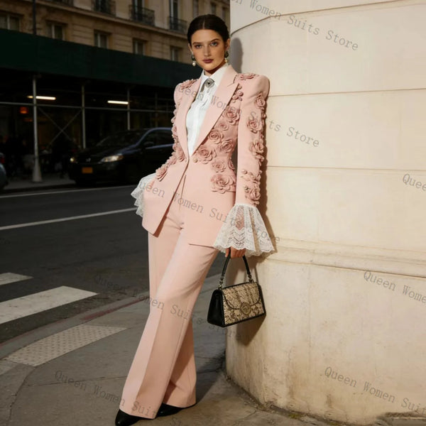 Pink Women Suit Set 2 Pcs Blazer Pants 3D Flower Cotton Lace Outfit Prom Formal Office Lady Jacket Wedding Coat Customized
