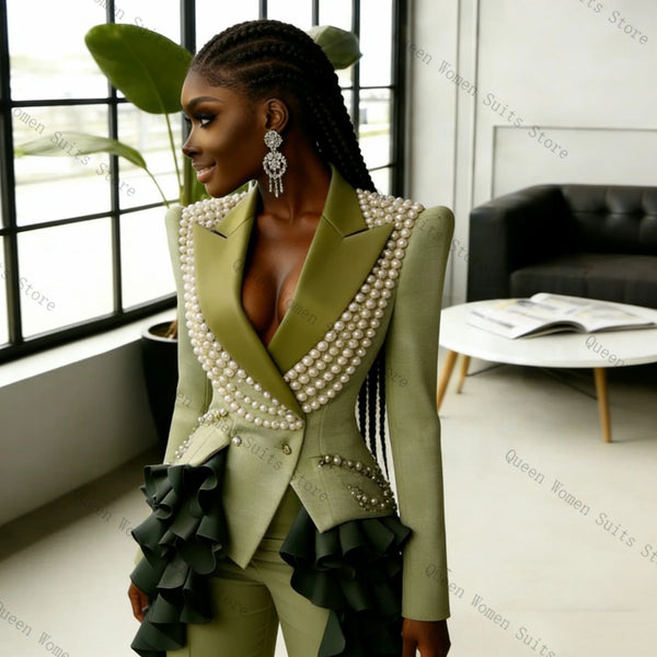 Luxury Pearls Women Suit Pants Set 2 Pcs Blazer+Trousers Green Spring Prom Formal Office Lady Jacket Wedding Coat Customized