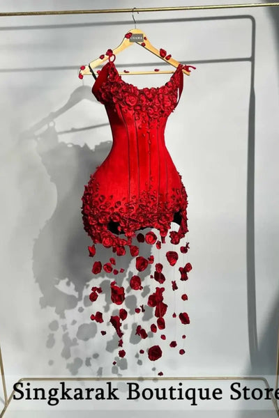Cute Red Prom Dresses 2026 Black Girl Boning Draped Floral Cocktail Dress Sheath Sexy Homecoming Party Gowns Flowers Customized