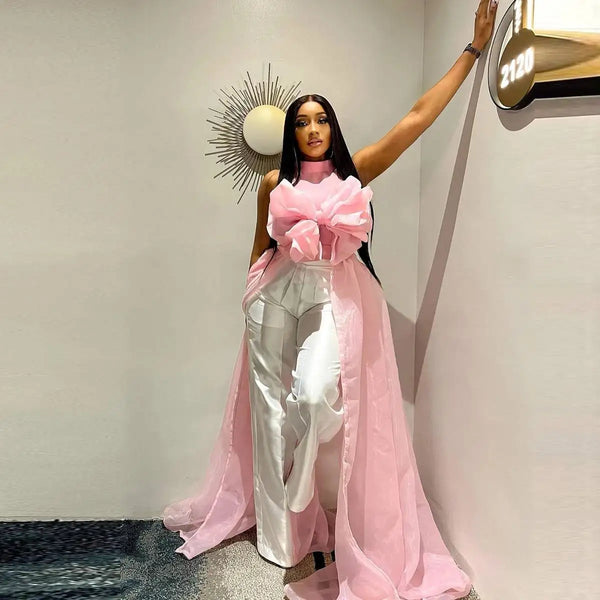 Sleeveless Pink Flower Blouse Prom Party Robe Shawl Long Train Unique Designs Organza Jacket Women Tops