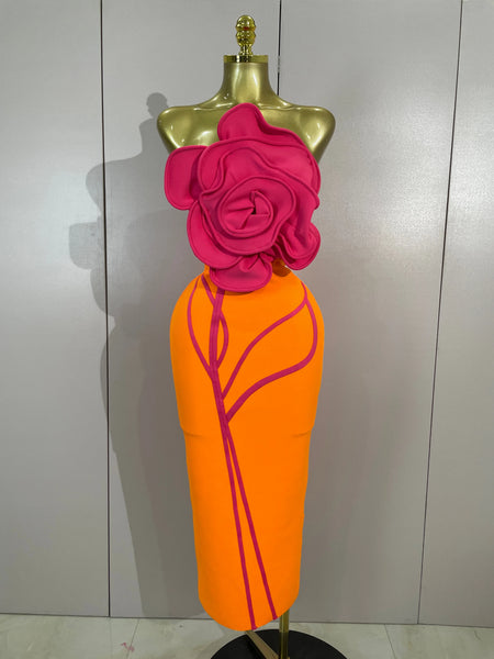 Elegant Luxury  Big Flower Sexy Strapless Backless Bodycon Bandage Long Dress