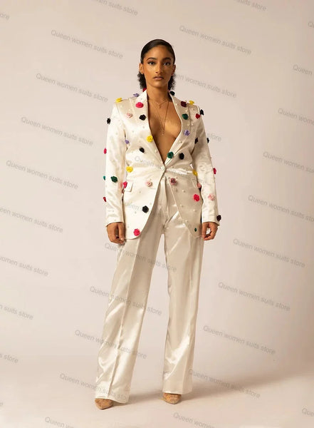 Off White Satin Women Suit Set for Wedding 2 Piece Blazer+Pants 3D Flower Jacket Formal Lady Coat Prom Dress Custom Made