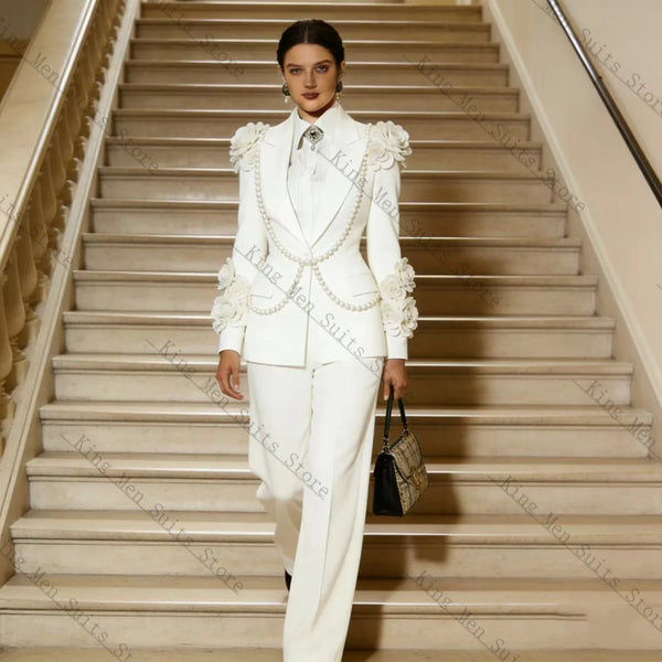 Luxury White Women Suit Set 2 Pcs Blazer+Pants Trousers Crystals Customized Formal Office Wedding Tuxedos Coat Prom Jacket
