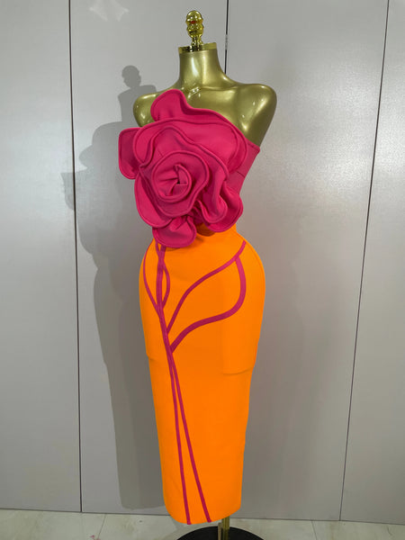 Elegant Luxury  Big Flower Sexy Strapless Backless Bodycon Bandage Long Dress