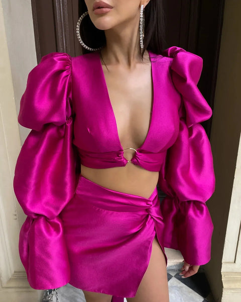 2 Pieces Fuchsia Iridescent Women Dresses To Party Blazer Style Blouse Jacket Skirt Mini Dress Sexy Women Dress with Sleeves
