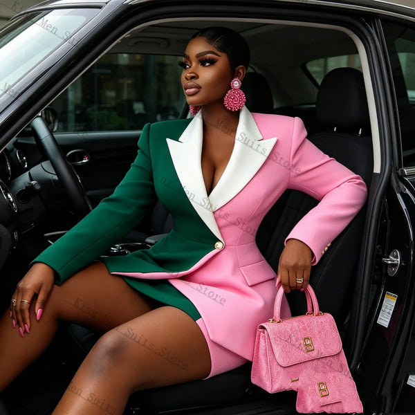 Pink Green Woment 2 Pcs Blazer+Skirt  Formal Office Wear