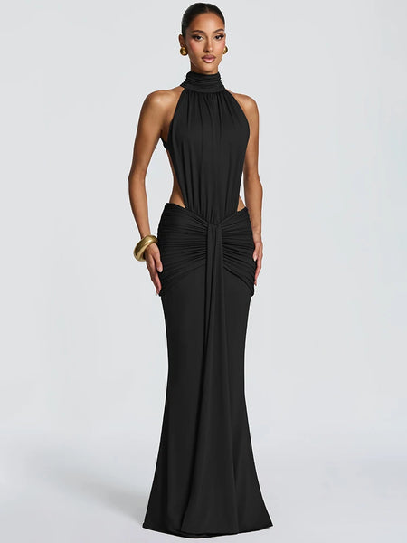 Mozision Turtleneck Backless Sexy Maxi Dress Women Gown Elegant Off-shoulder Sleeveless Ruched Bodycon Club Party Long Dress