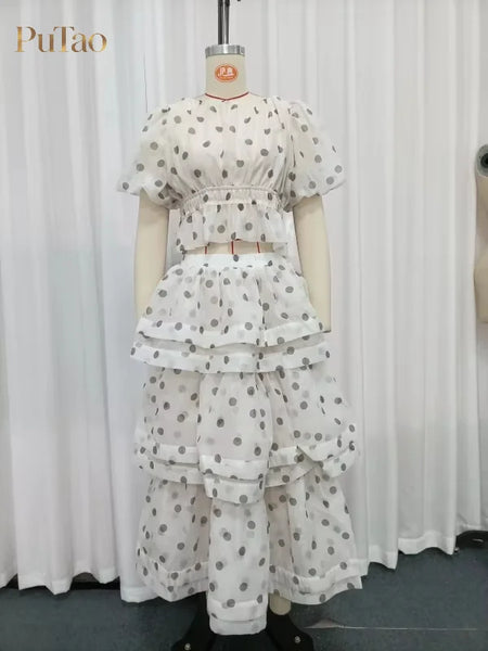Putao Elegant Polka Dot 2 Piece Set Puff Sleeve Elastic Waist Cropped Blouse Tiered Ruffle Midi Skirt Women Modest Vacation Part