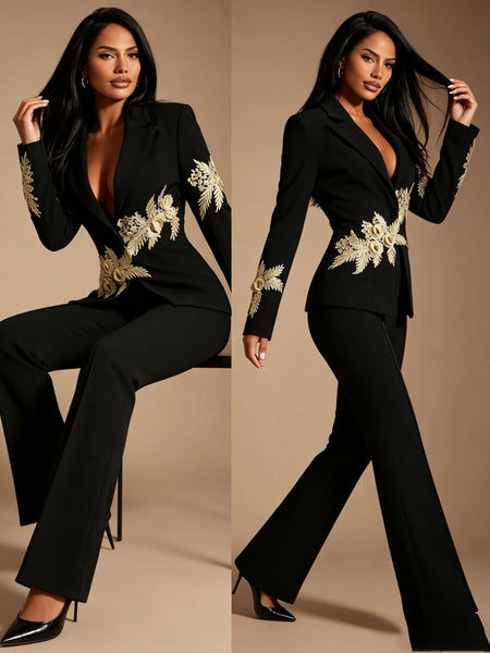 Black Women Suits Set 2 Piece Blazer+Pants Trousers Flower Appliqued Formal Customized Office Lady Jacket Wedding Prom Coat