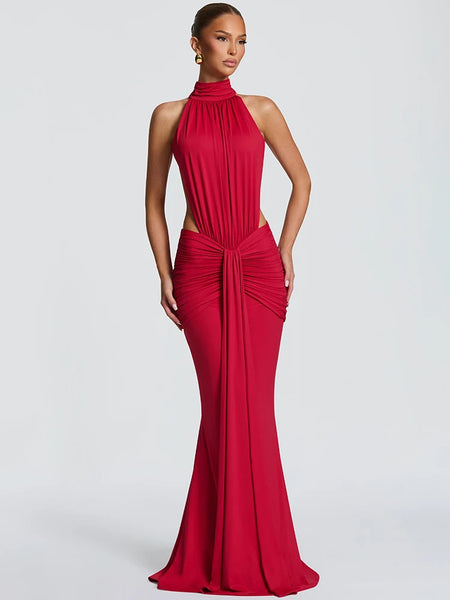 Mozision Turtleneck Backless Sexy Maxi Dress Women Gown Elegant Off-shoulder Sleeveless Ruched Bodycon Club Party Long Dress