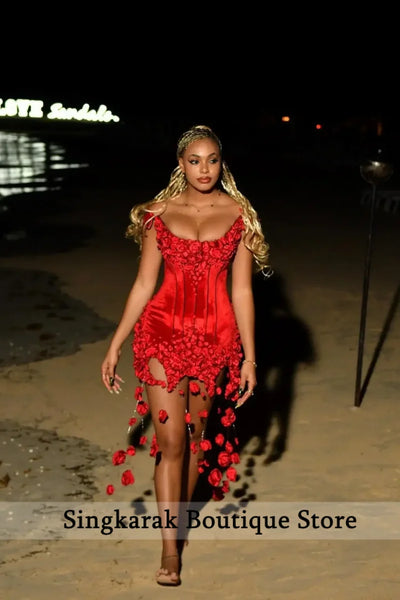 Cute Red Prom Dresses 2026 Black Girl Boning Draped Floral Cocktail Dress Sheath Sexy Homecoming Party Gowns Flowers Customized
