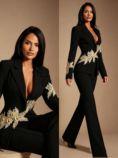 Black Women Suits Set 2 Piece Blazer+Pants Trousers Flower Appliqued Formal Customized Office Lady Jacket Wedding Prom Coat