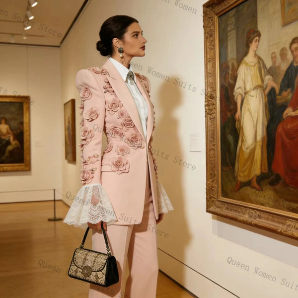 Pink Women Suit Set 2 Pcs Blazer Pants 3D Flower Cotton Lace Outfit Prom Formal Office Lady Jacket Wedding Coat Customized