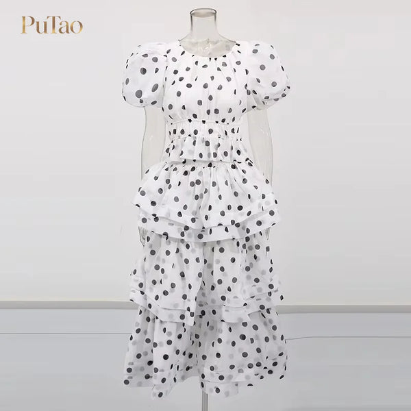 Putao Elegant Polka Dot 2 Piece Set Puff Sleeve Elastic Waist Cropped Blouse Tiered Ruffle Midi Skirt Women Modest Vacation Part