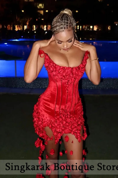 Cute Red Prom Dresses 2026 Black Girl Boning Draped Floral Cocktail Dress Sheath Sexy Homecoming Party Gowns Flowers Customized