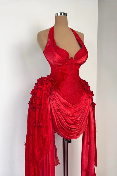 Red Halter Prom Dress 2026 Lace  Evening Dress with 3D Rose Applique Mini Party Gown Hoco Cocktail Dress Customized