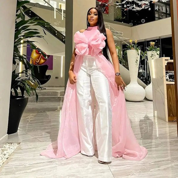 Sleeveless Pink Flower Blouse Prom Party Robe Shawl Long Train Unique Designs Organza Jacket Women Tops