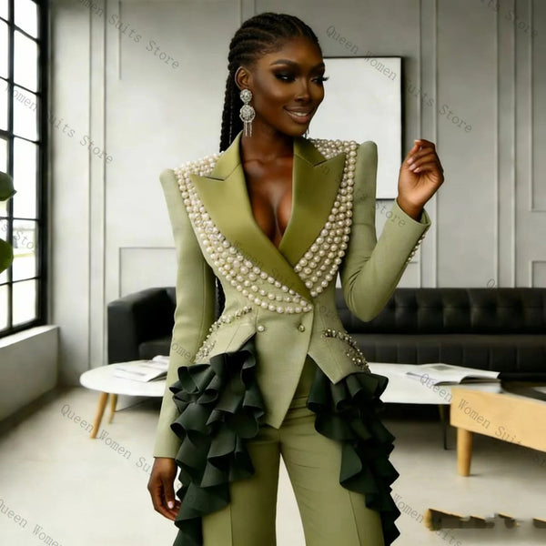 Luxury Pearls Women Suit Pants Set 2 Pcs Blazer+Trousers Green Spring Prom Formal Office Lady Jacket Wedding Coat Customized