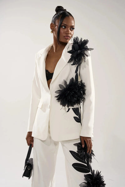 Formal Occasion Women Jacket Suits Ladies Hand Made Flowers Flared Pants Prom Birthday Party Evening 2 Pieces