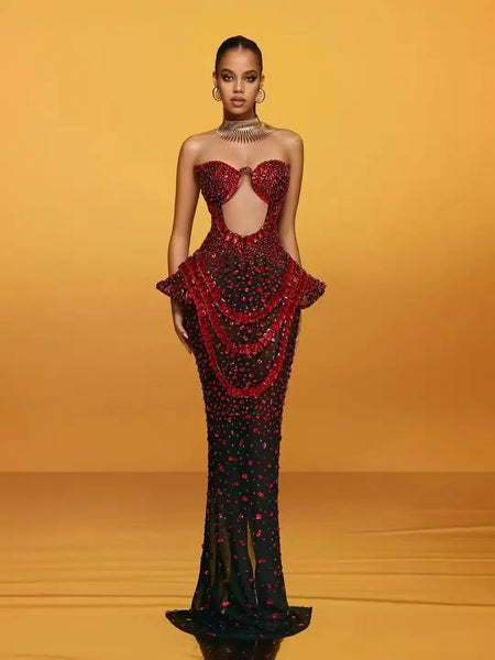 High Quality Heavy Twinkling Rhinestones Sexy Transparent Mesh Dress