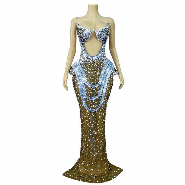 High Quality Heavy Twinkling Rhinestones Sexy Transparent Mesh Dress