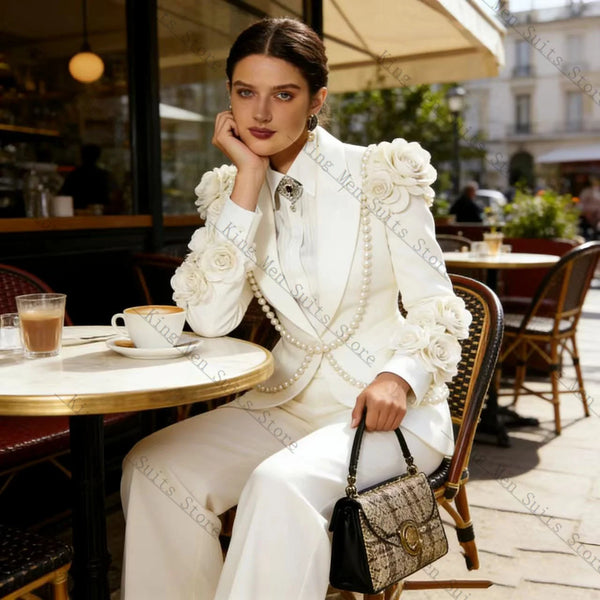Luxury White Women Suit Set 2 Pcs Blazer+Pants Trousers Crystals Customized Formal Office Wedding Tuxedos Coat Prom Jacket