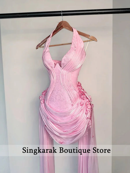 Red Halter Prom Dress 2026 Lace  Evening Dress with 3D Rose Applique Mini Party Gown Hoco Cocktail Dress Customized