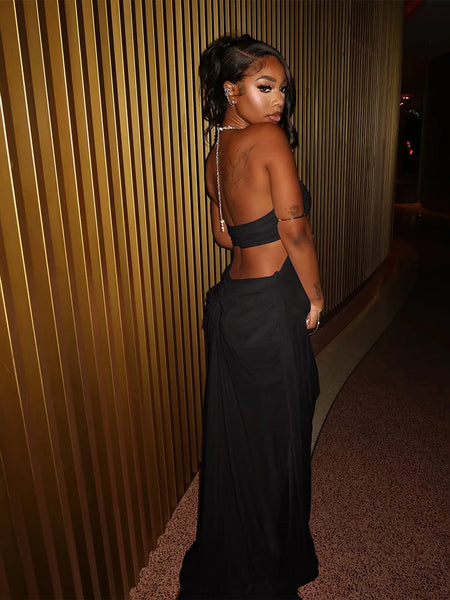 Ruched Elegant   Mesh Patchwork Luxury Chain Halter Backless Sleeveless  Party gowns