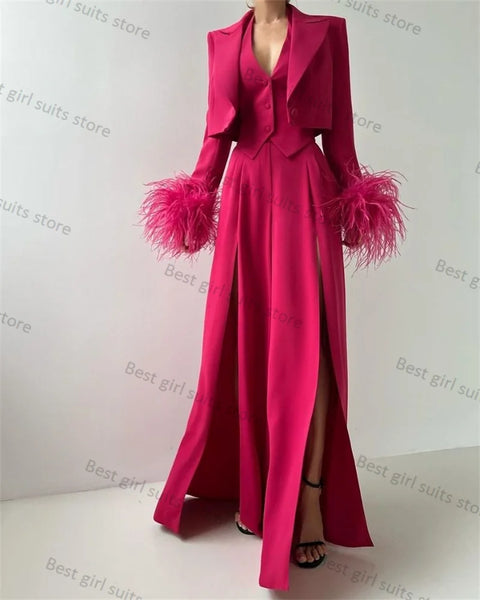 Luxury Feather Women Suit Pants Set 3 Piece Blazer+Vest+Split Trousers Formal Office Lady Jacket Customized Wedding Prom Coat