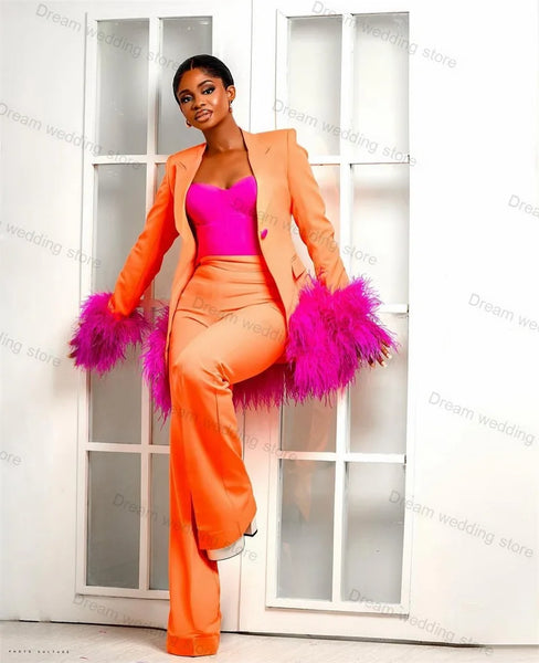 Ostrich Feather Orange Women Suits Pants Set Blazer