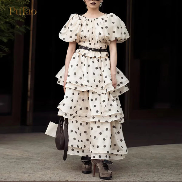 Putao Elegant Polka Dot 2 Piece Set Puff Sleeve Elastic Waist Cropped Blouse Tiered Ruffle Midi Skirt Women Modest Vacation Part