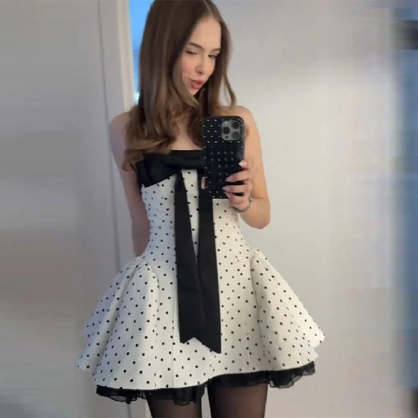 Sexy Strapless Backless Polka Dot Bow A Line Dress
