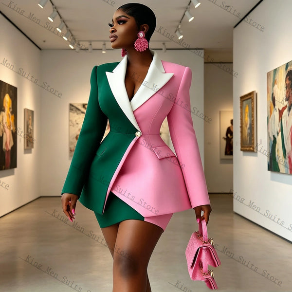 Pink Green Woment 2 Pcs Blazer+Skirt  Formal Office Wear