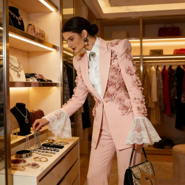 Pink Women Suit Set 2 Pcs Blazer Pants 3D Flower Cotton Lace Outfit Prom Formal Office Lady Jacket Wedding Coat Customized