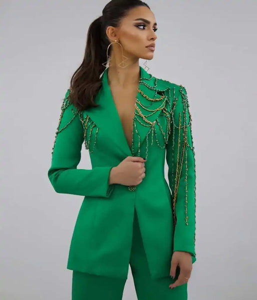 Customized Simple Women Suits Diamond Applique Long Sleeve Notched Lapel Classic 2 Pieces Jacket Short Pants Slim Fit Dresses