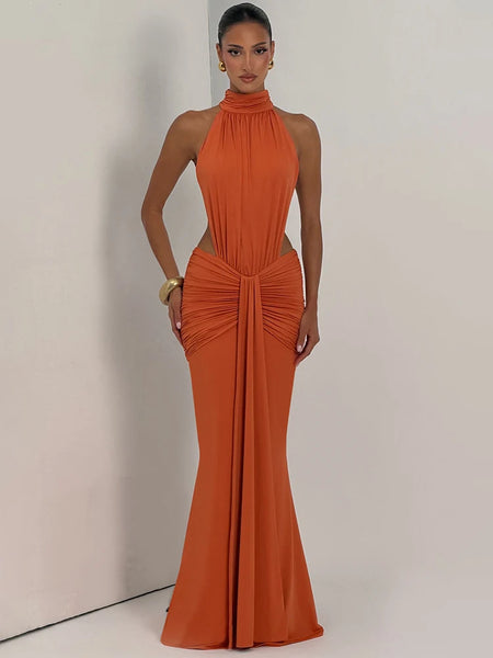 Mozision Turtleneck Backless Sexy Maxi Dress Women Gown Elegant Off-shoulder Sleeveless Ruched Bodycon Club Party Long Dress