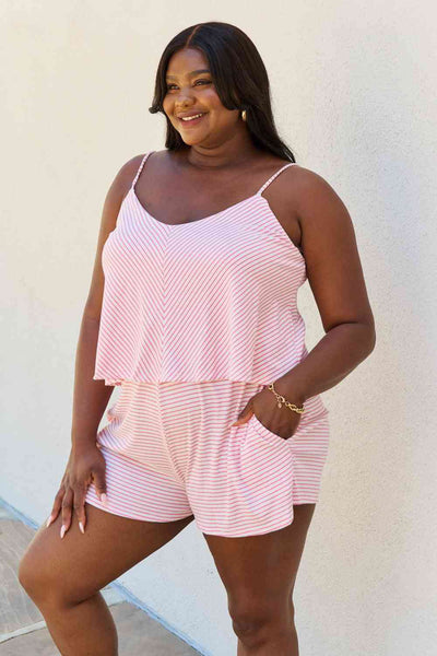 Full Size Double Flare Striped Romper in Pink
