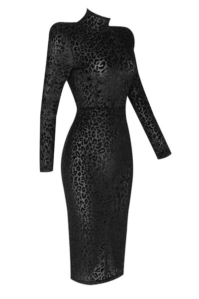 Animal Print Padded Shoulder Long Sleeve Bodycon Dress
