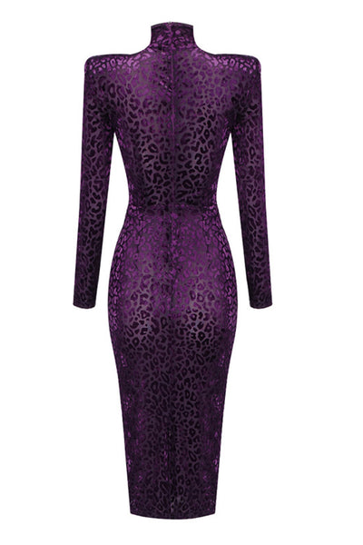 Animal Print Padded Shoulder Long Sleeve Bodycon Dress