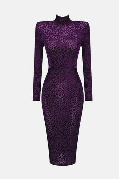 Animal Print Padded Shoulder Long Sleeve Bodycon Dress