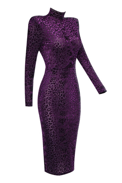 Animal Print Padded Shoulder Long Sleeve Bodycon Dress