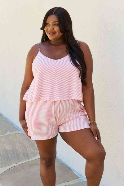 Full Size Double Flare Striped Romper in Pink