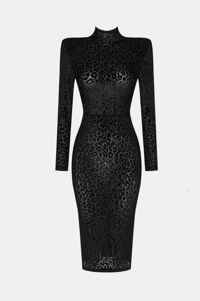 Animal Print Padded Shoulder Long Sleeve Bodycon Dress