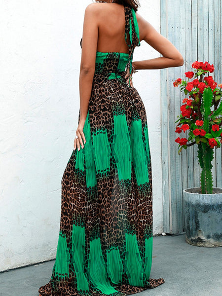 Printed Cutout Halter Neck Split Dress
